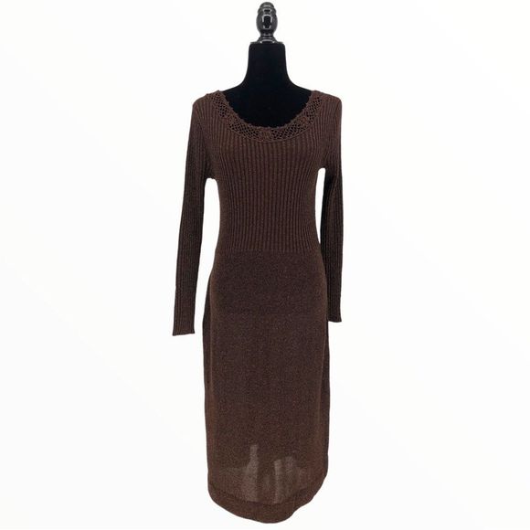 70’s Vintage Wenjilli Brown Metallic Knit Long Sleeve Maxi Dress - Picture 1 of 12